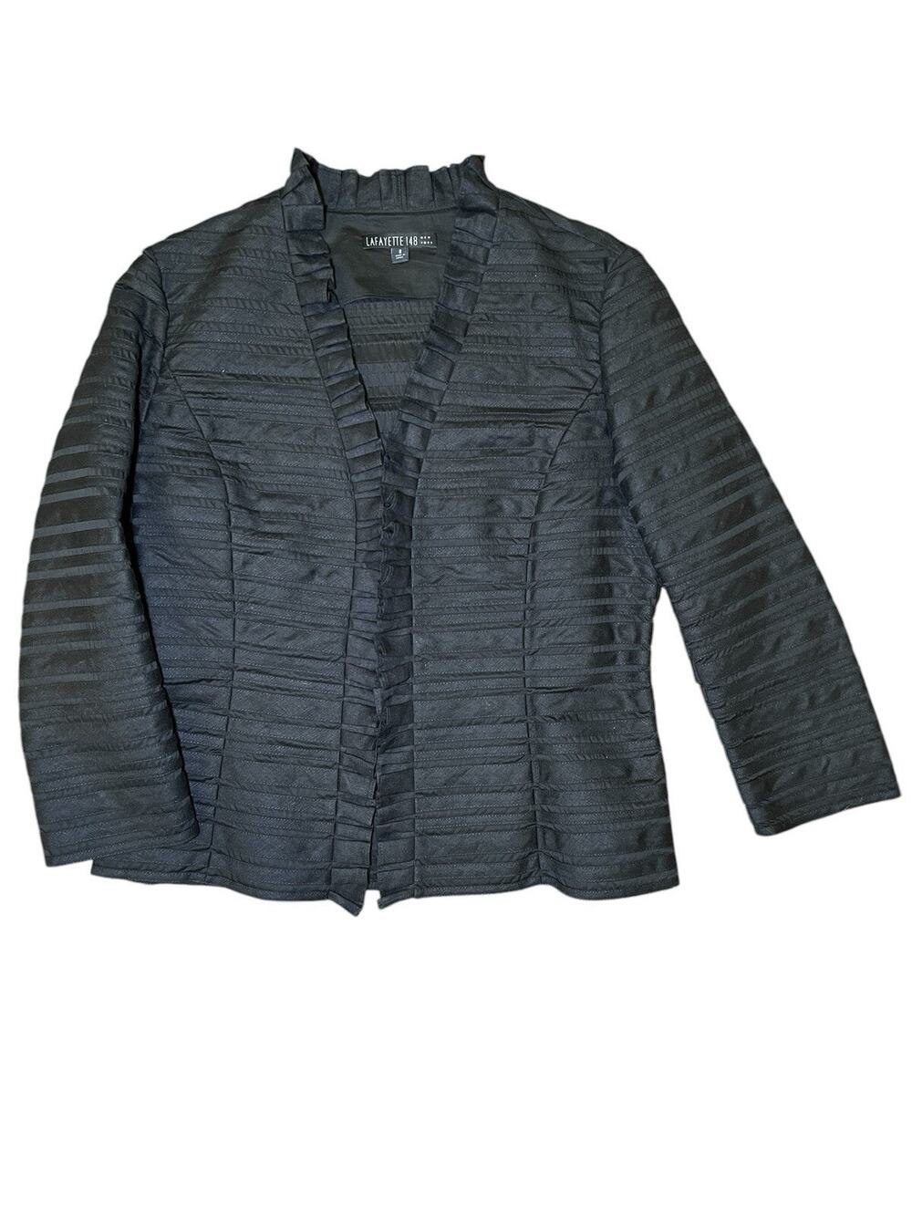 Lafayette 148 New York Black Size 8 Cotton/Linen Ruffle Stripe Open Front Blazer